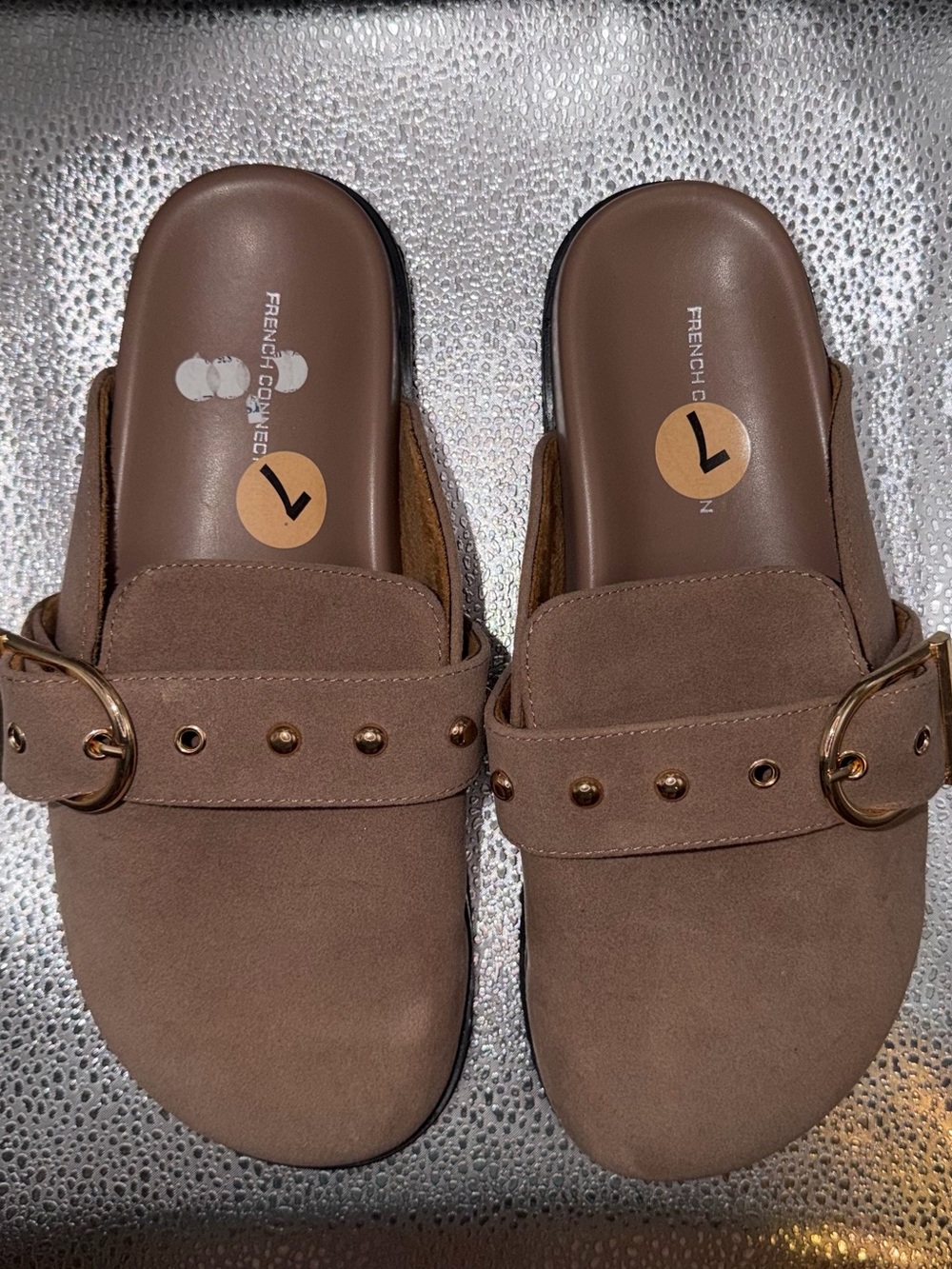 French Connection Taupe Suede Buckle Slide Mules - Picture 1 of 5